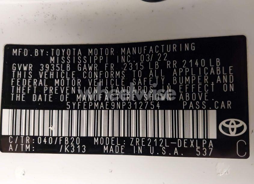 Photo 9 of 2022 Toyota Corolla LE (VIN 5YFEPMAE9NP312754)