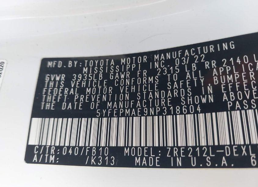 Photo 9 of 2022 Toyota Corolla LE (VIN 5YFEPMAE9NP318604)