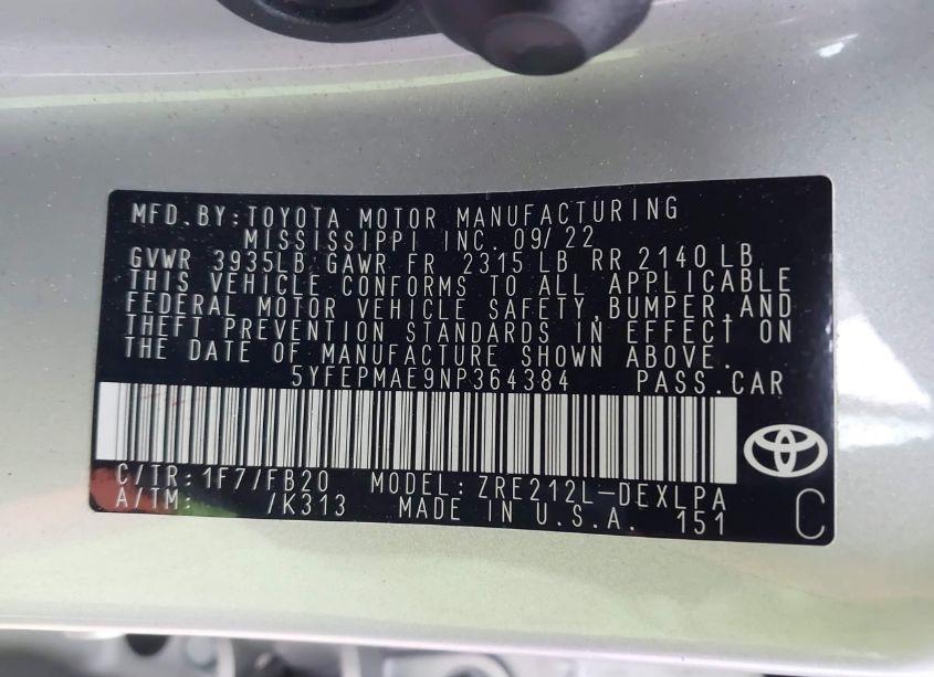 Photo 9 of 2022 Toyota Corolla LE (VIN 5YFEPMAE9NP364384)