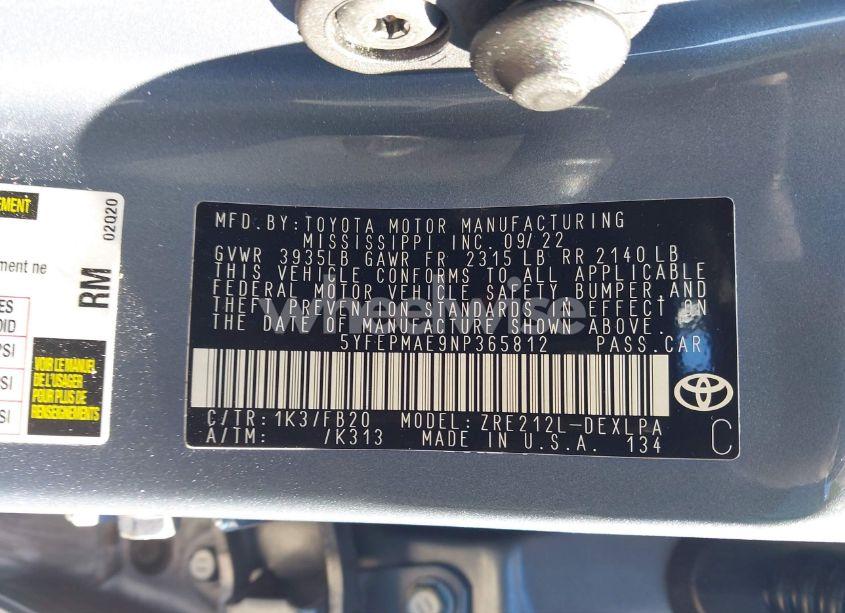 Photo 9 of 2022 Toyota Corolla LE (VIN 5YFEPMAE9NP365812)