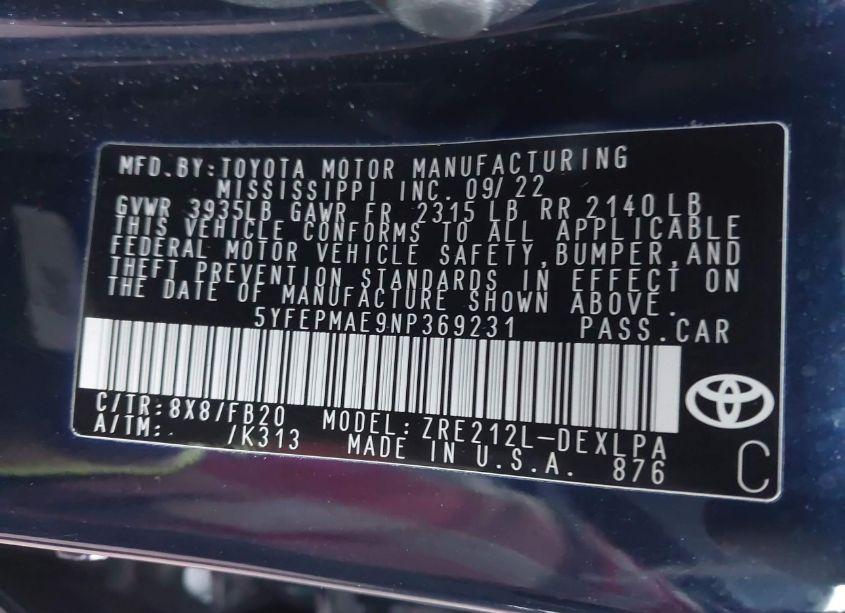 Photo 9 of 2022 Toyota Corolla LE (VIN 5YFEPMAE9NP369231)