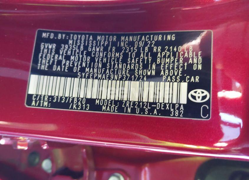 Photo 9 of 2022 Toyota Corolla LE (VIN 5YFEPMAE9NP371724)