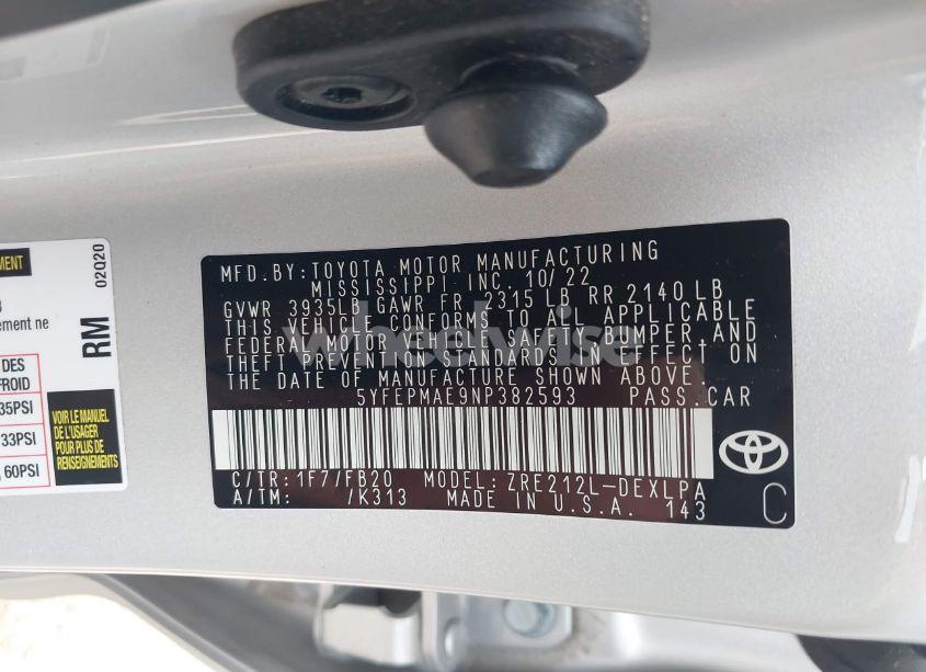 Photo 9 of 2022 Toyota Corolla LE (VIN 5YFEPMAE9NP382593)