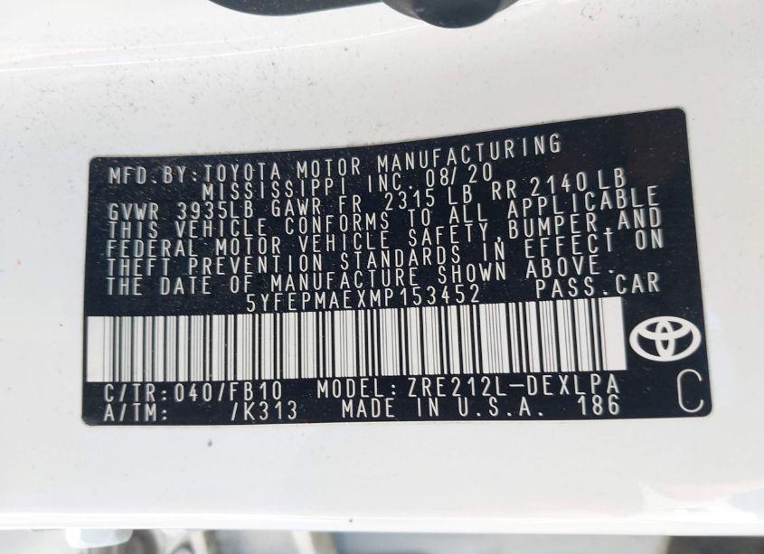 Photo 9 of 2021 Toyota Corolla LE (VIN 5YFEPMAEXMP153452)