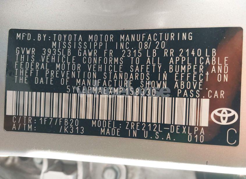 Photo 9 of 2021 Toyota Corolla LE (VIN 5YFEPMAEXMP158330)