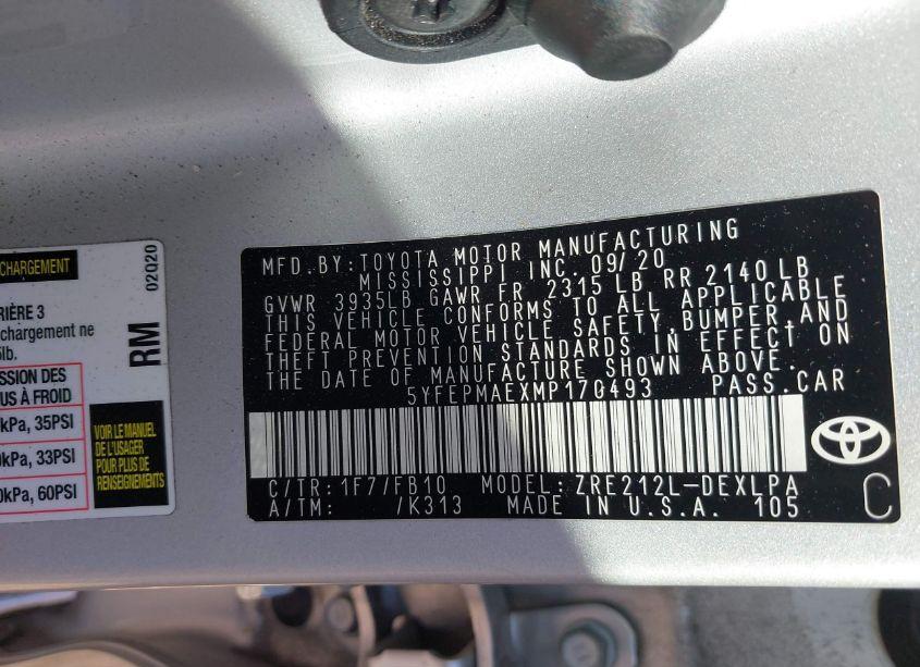 Photo 9 of 2021 Toyota Corolla LE (VIN 5YFEPMAEXMP170493)