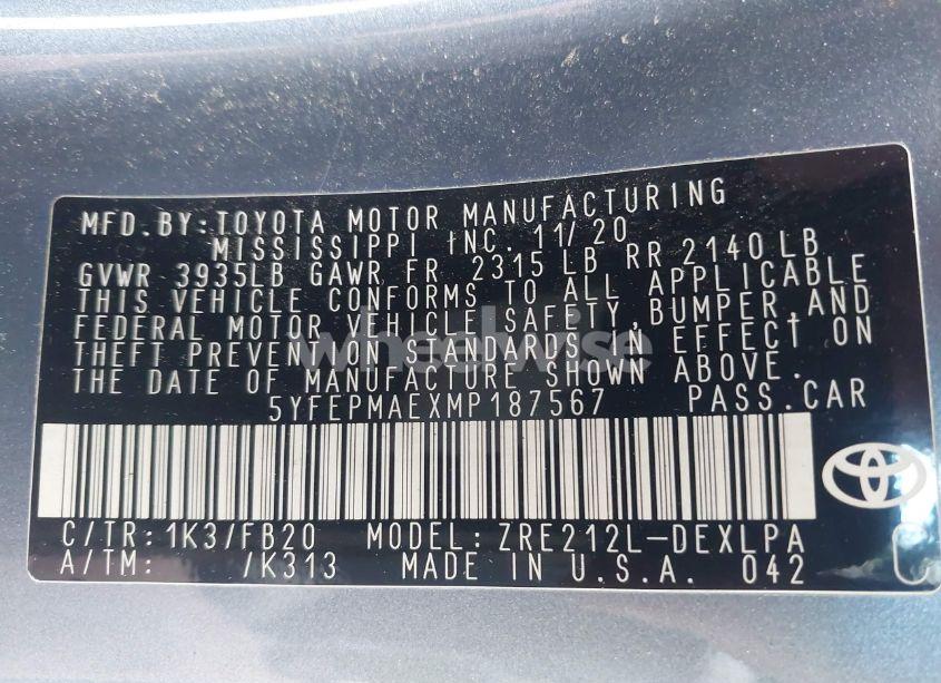 Photo 9 of 2021 Toyota Corolla LE (VIN 5YFEPMAEXMP187567)