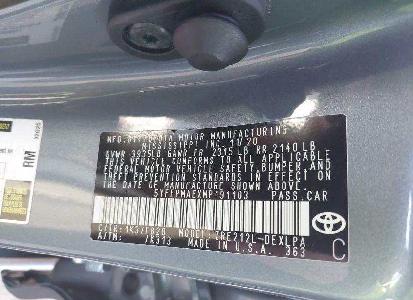 Photo 9 of 2021 Toyota Corolla LE (VIN 5YFEPMAEXMP191103)