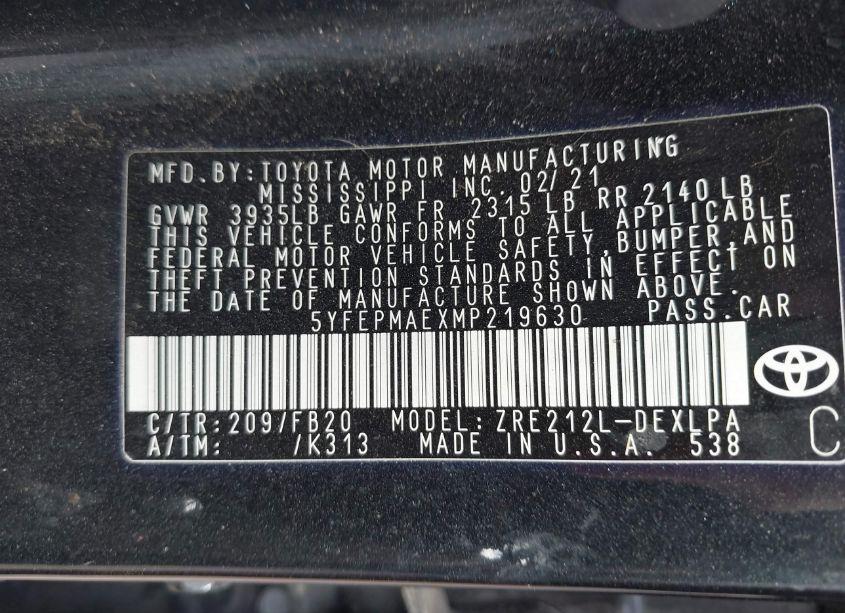 Photo 9 of 2021 Toyota Corolla LE (VIN 5YFEPMAEXMP219630)