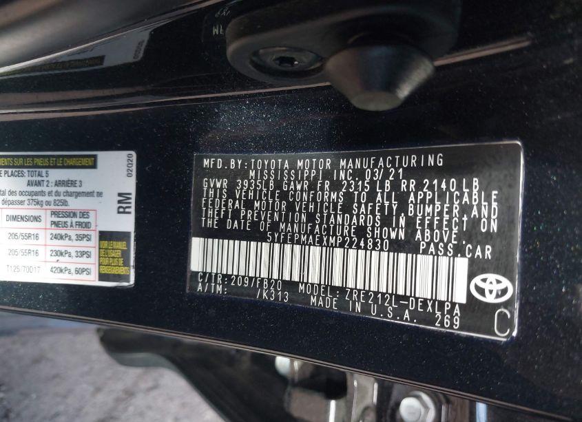 Photo 9 of 2021 Toyota Corolla LE (VIN 5YFEPMAEXMP224830)