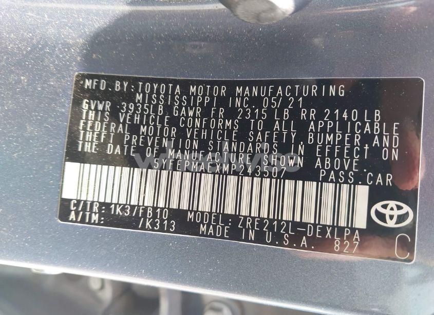 Photo 9 of 2021 Toyota Corolla LE (VIN 5YFEPMAEXMP243507)