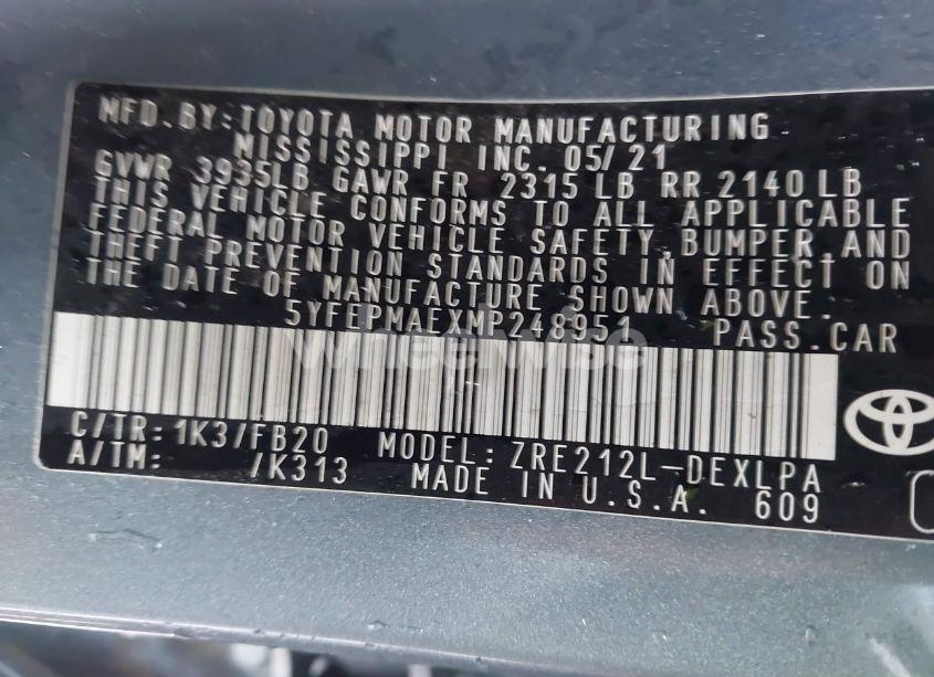 Photo 9 of 2021 Toyota Corolla LE (VIN 5YFEPMAEXMP248951)