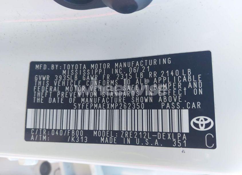 Photo 9 of 2021 Toyota Corolla LE (VIN 5YFEPMAEXMP262350)