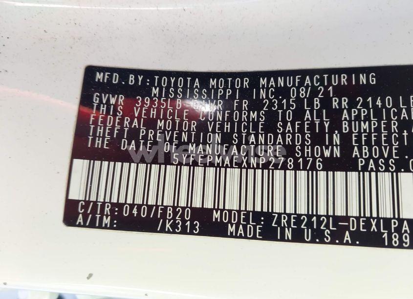 Photo 9 of 2022 Toyota Corolla LE (VIN 5YFEPMAEXNP278176)