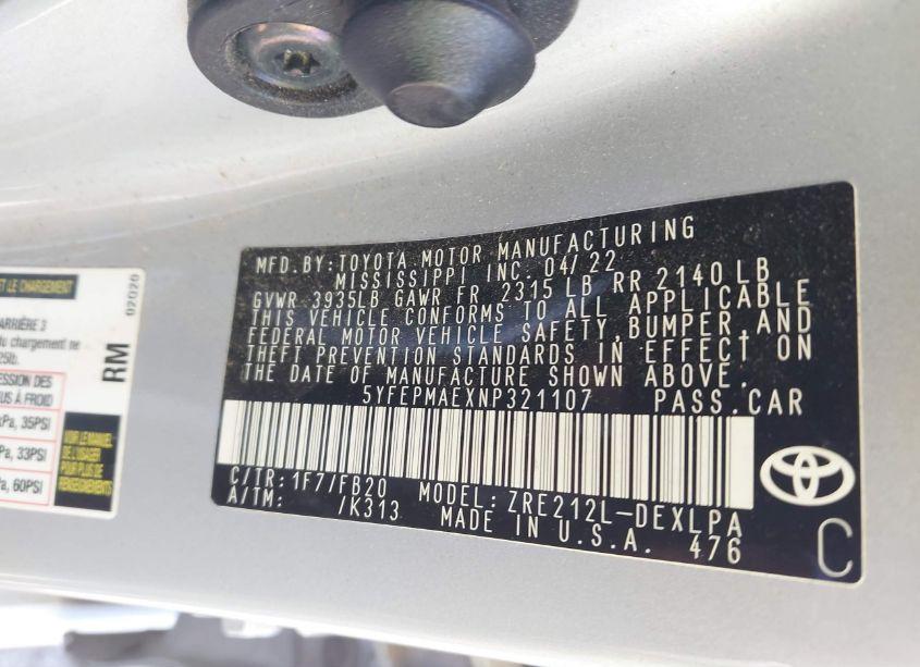 Photo 9 of 2022 Toyota Corolla LE (VIN 5YFEPMAEXNP321107)