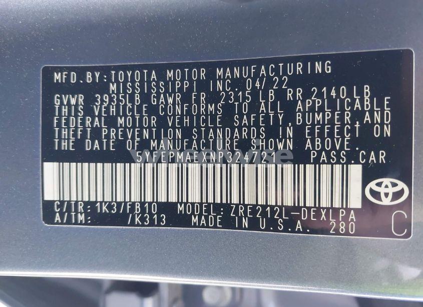 Photo 9 of 2022 Toyota Corolla LE (VIN 5YFEPMAEXNP324721)