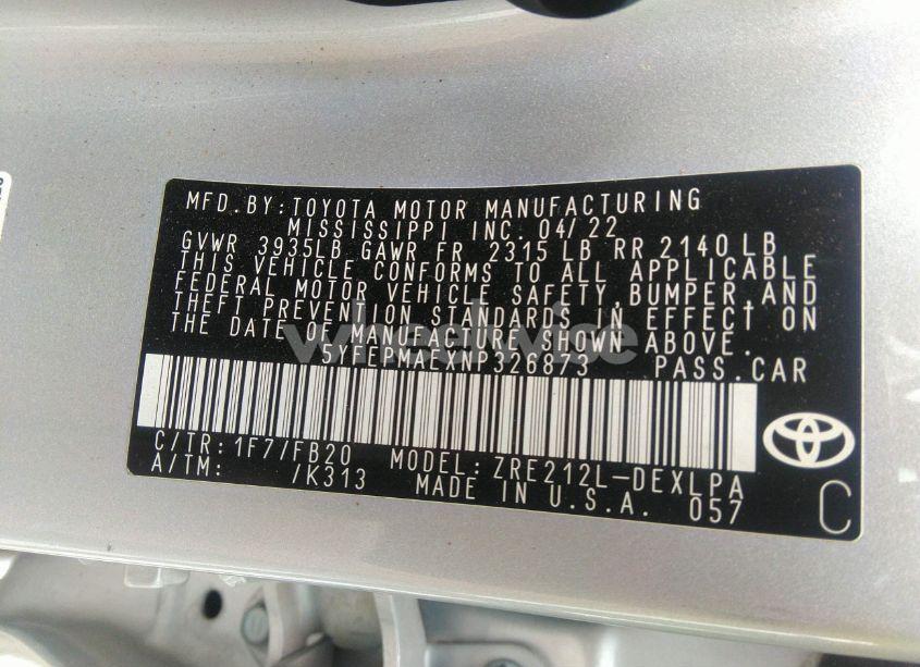 Photo 9 of 2022 Toyota Corolla LE (VIN 5YFEPMAEXNP326873)