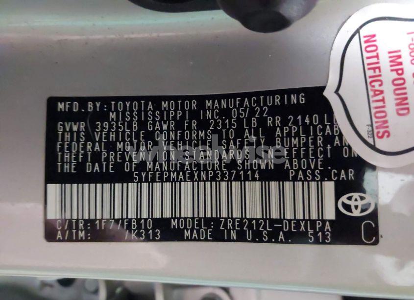 Photo 9 of 2022 Toyota Corolla LE (VIN 5YFEPMAEXNP337114)