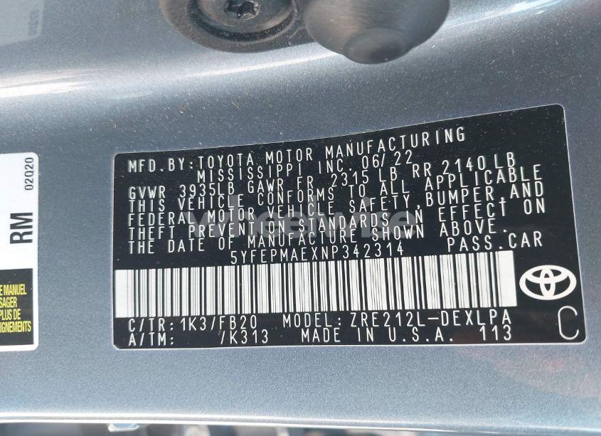 Photo 9 of 2022 Toyota Corolla LE (VIN 5YFEPMAEXNP342314)