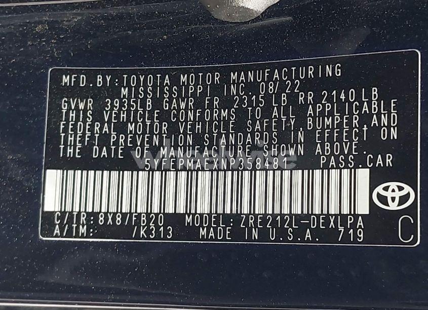 Photo 9 of 2022 Toyota Corolla LE (VIN 5YFEPMAEXNP358481)