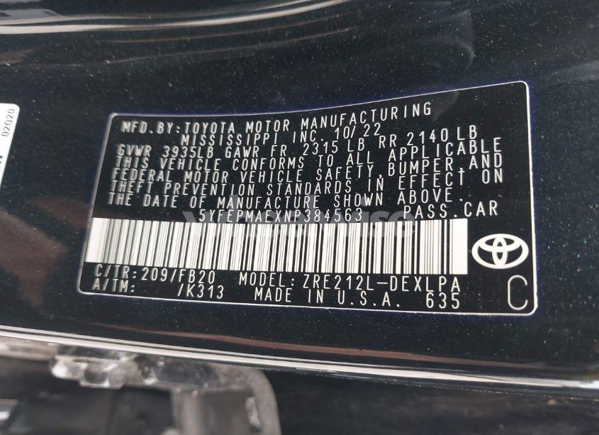 Photo 9 of 2022 Toyota Corolla LE (VIN 5YFEPMAEXNP384563)