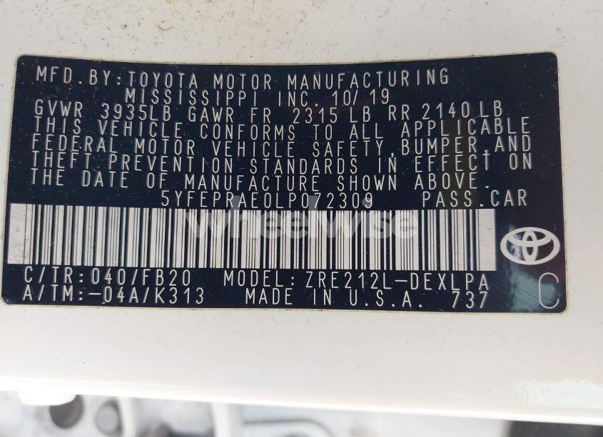 Photo 9 of 2020 Toyota Corolla LE (VIN 5YFEPRAE0LP072309)