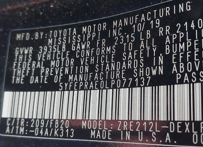 Photo 9 of 2020 Toyota Corolla LE (VIN 5YFEPRAE0LP077137)