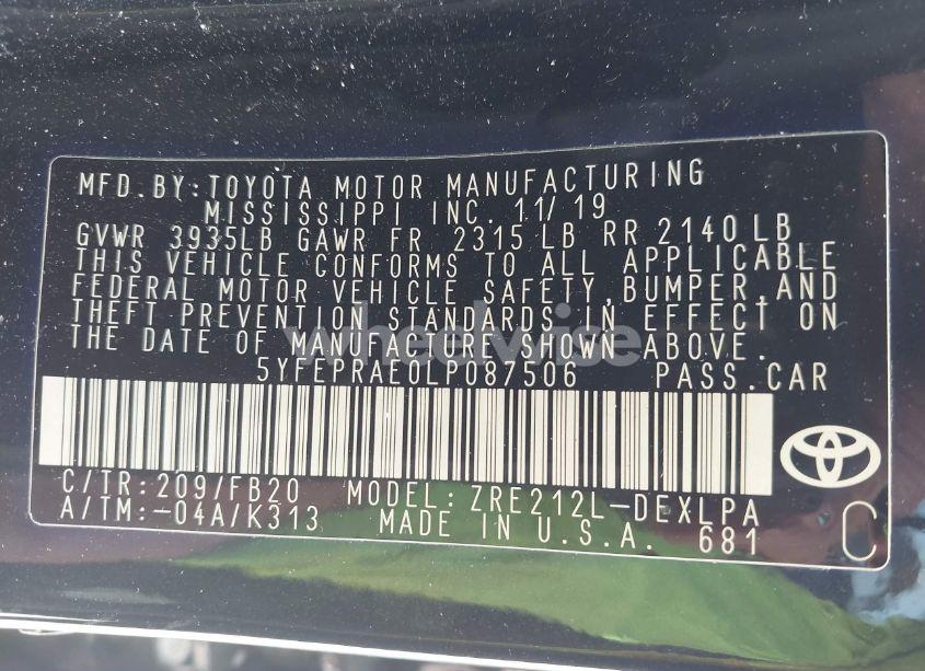 Photo 9 of 2020 Toyota Corolla LE (VIN 5YFEPRAE0LP087506)