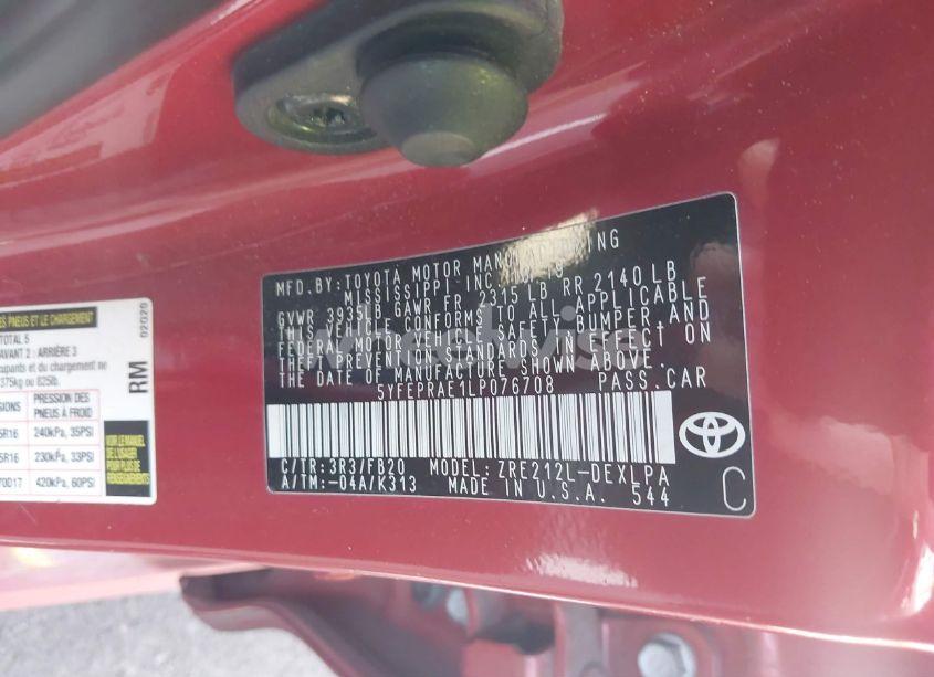 Photo 9 of 2020 Toyota Corolla LE (VIN 5YFEPRAE1LP076708)