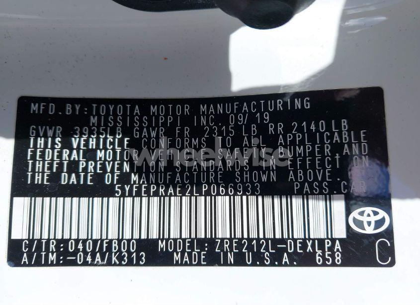 Photo 9 of 2020 Toyota Corolla LE (VIN 5YFEPRAE2LP066933)