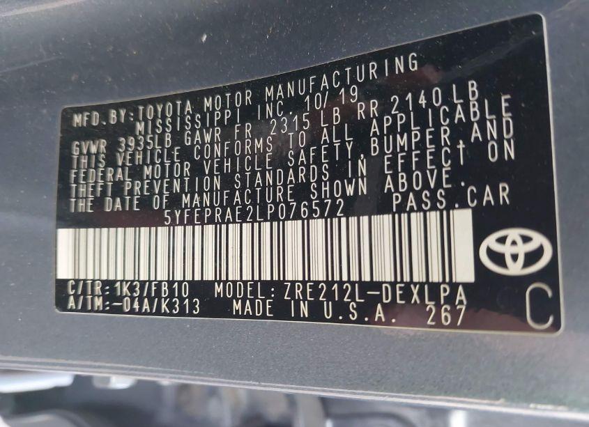 Photo 9 of 2020 Toyota Corolla LE (VIN 5YFEPRAE2LP076572)