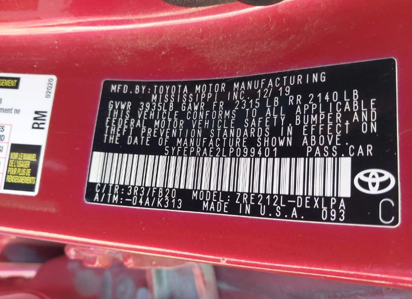 Photo 9 of 2020 Toyota Corolla LE (VIN 5YFEPRAE2LP099401)