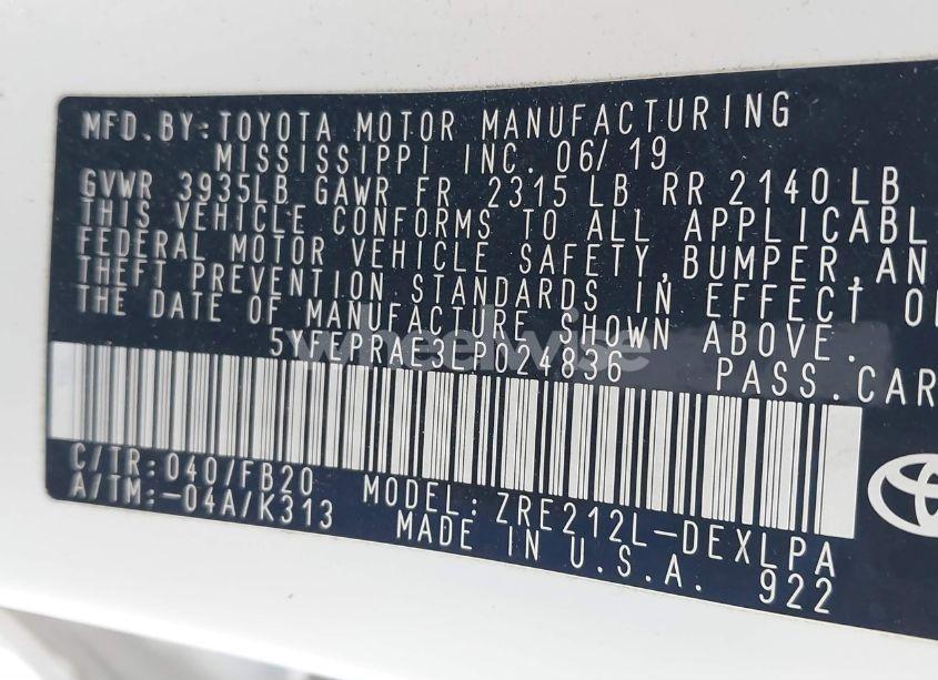 Photo 9 of 2020 Toyota Corolla LE (VIN 5YFEPRAE3LP024836)