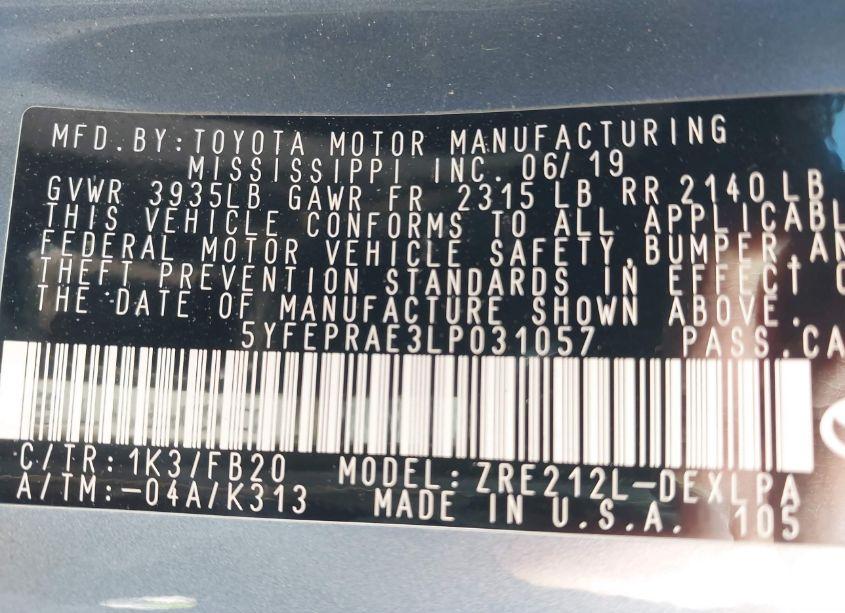 Photo 9 of 2020 Toyota Corolla LE (VIN 5YFEPRAE3LP031057)