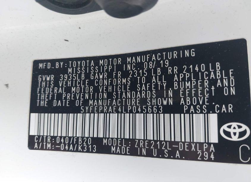 Photo 9 of 2020 Toyota Corolla LE (VIN 5YFEPRAE4LP045663)