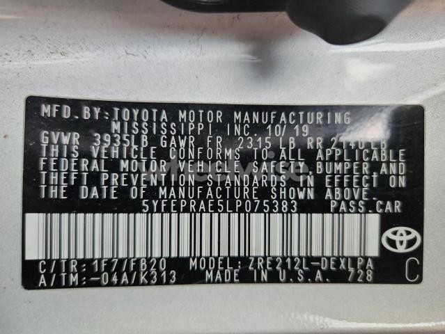 Photo 2 of 2020 TOYOTA COROLLA LE (VIN 5YFEPRAE5LP075383)