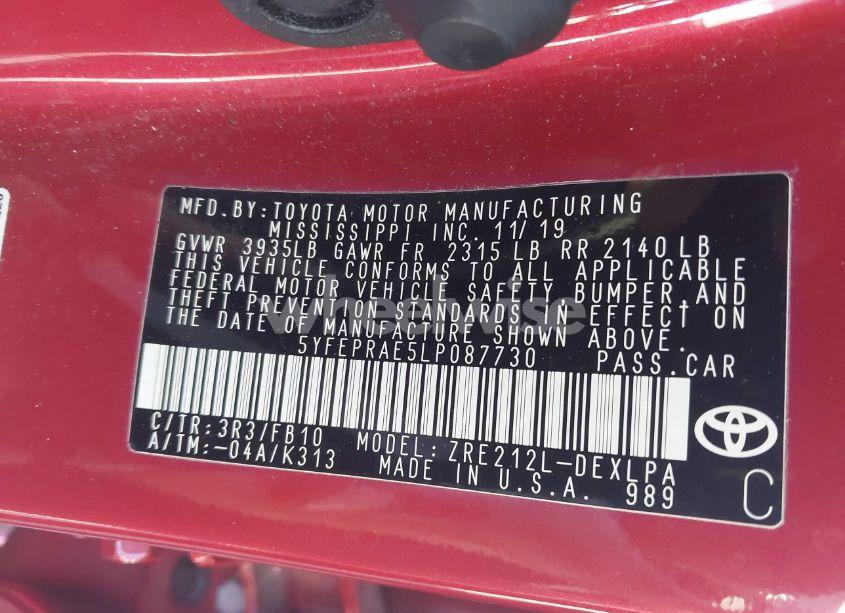 Photo 9 of 2020 Toyota Corolla LE (VIN 5YFEPRAE5LP087730)