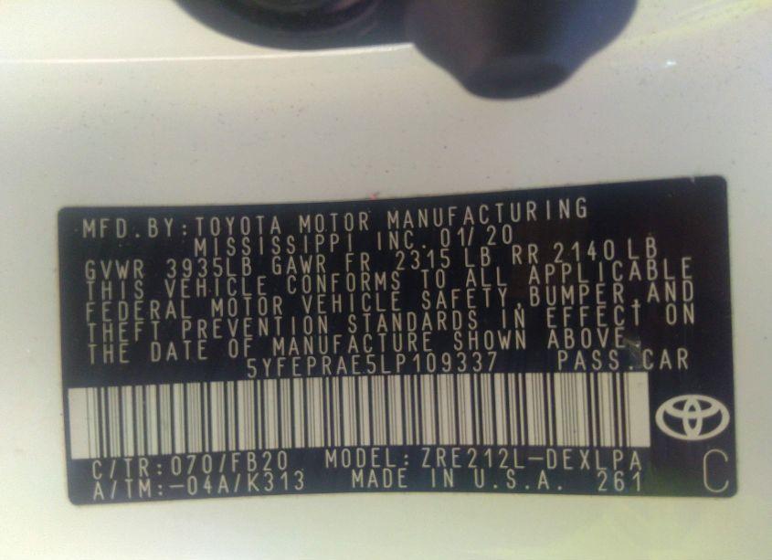 Photo 9 of 2020 Toyota Corolla LE (VIN 5YFEPRAE5LP109337)