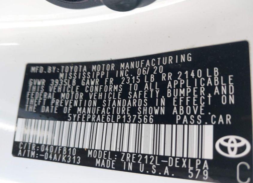 Photo 9 of 2020 Toyota Corolla LE (VIN 5YFEPRAE6LP137566)