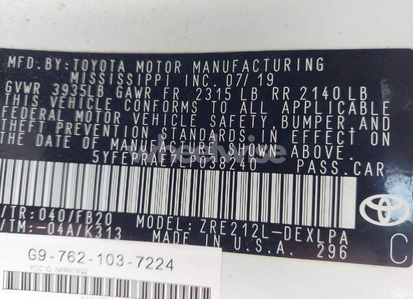 Photo 9 of 2020 Toyota Corolla LE (VIN 5YFEPRAE7LP038240)