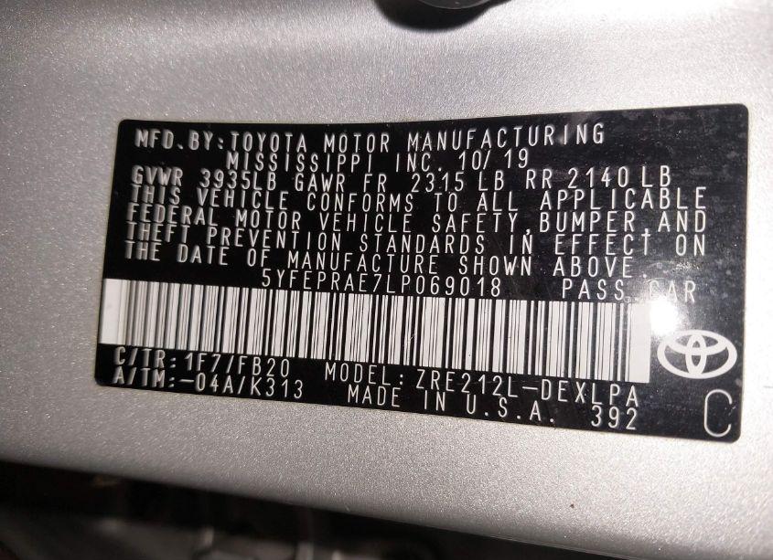 Photo 9 of 2020 Toyota Corolla LE (VIN 5YFEPRAE7LP069018)