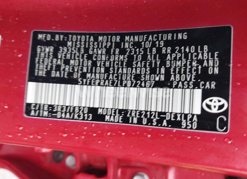 Photo 9 of 2020 Toyota Corolla LE (VIN 5YFEPRAE7LP072467)