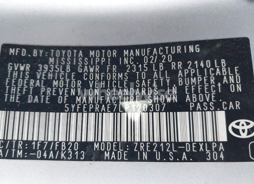 Photo 9 of 2020 Toyota Corolla LE (VIN 5YFEPRAE7LP120307)