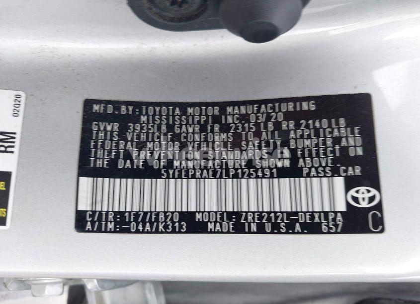 Photo 9 of 2020 Toyota Corolla LE (VIN 5YFEPRAE7LP125491)