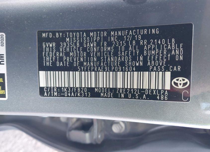 Photo 9 of 2020 Toyota Corolla LE (VIN 5YFEPRAE9LP091604)