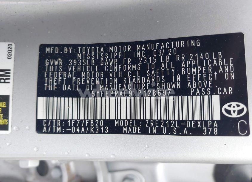 Photo 9 of 2020 Toyota Corolla LE (VIN 5YFEPRAE9LP128697)