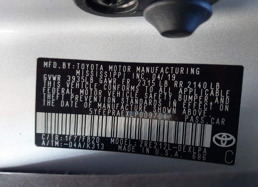 Photo 9 of 2020 Toyota Corolla LE (VIN 5YFEPRAEXLP009704)