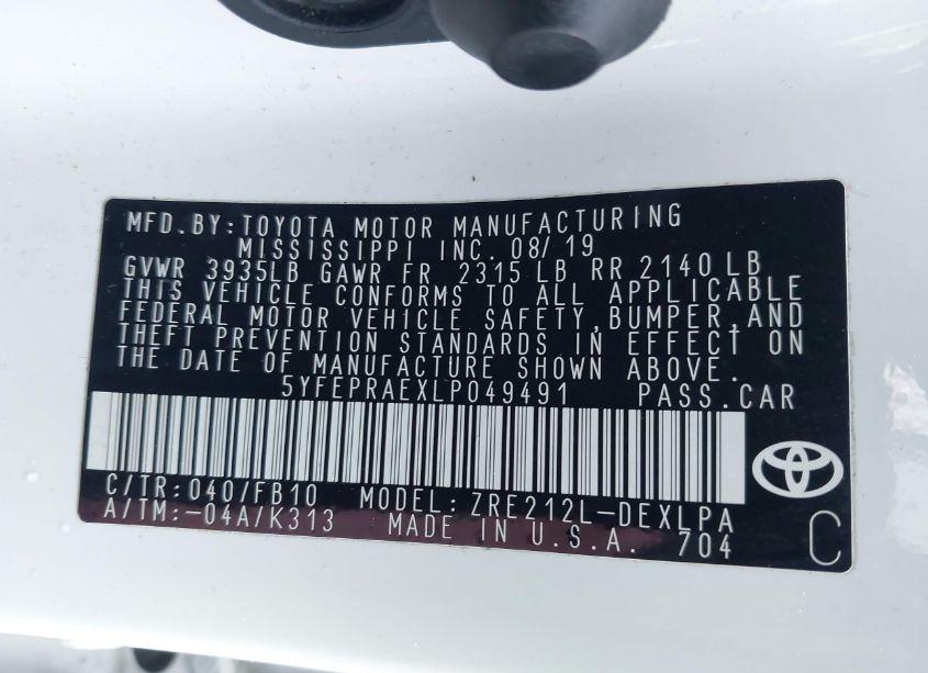 Photo 9 of 2020 Toyota Corolla LE (VIN 5YFEPRAEXLP049491)