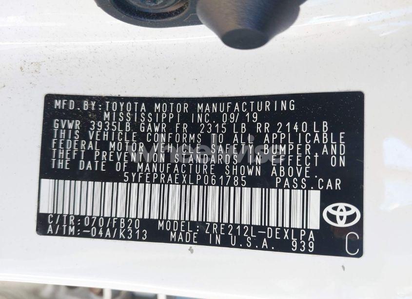 Photo 9 of 2020 Toyota Corolla LE (VIN 5YFEPRAEXLP061785)