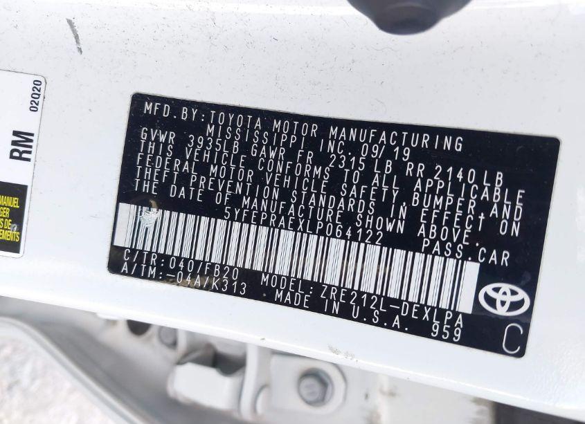 Photo 9 of 2020 Toyota Corolla LE (VIN 5YFEPRAEXLP064122)